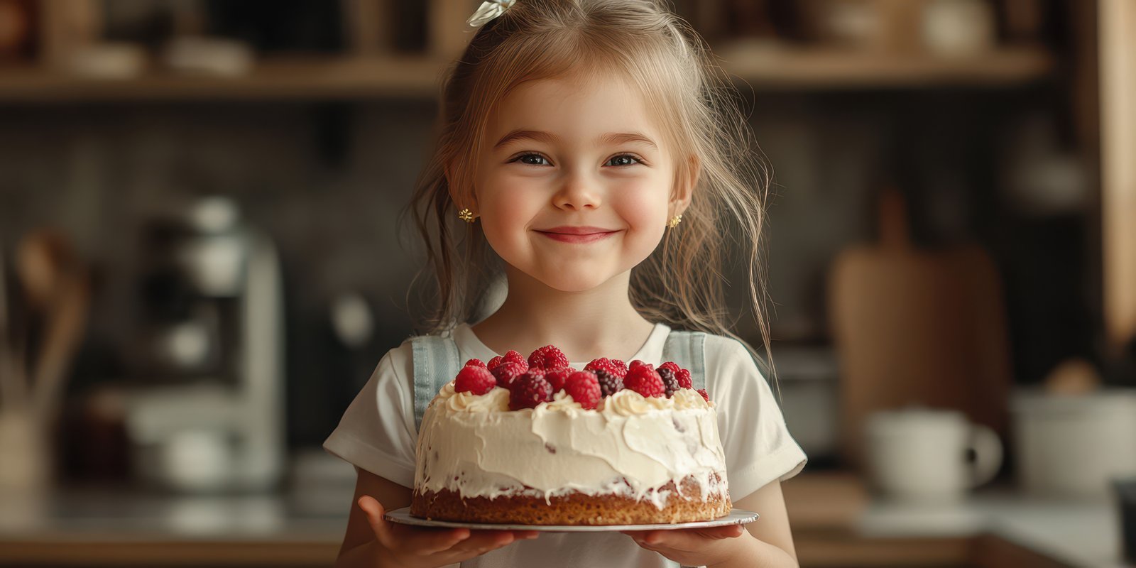 Young girl joyfully presenting a delicious cake topped with fresh raspberries in a cozy kitchen setting